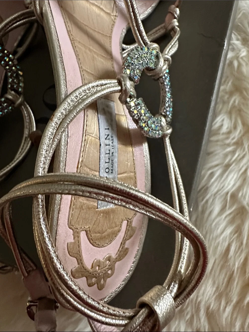 Pollini Metallic Gold Strappy Sandals with Pink Insole and Crystal Ring
